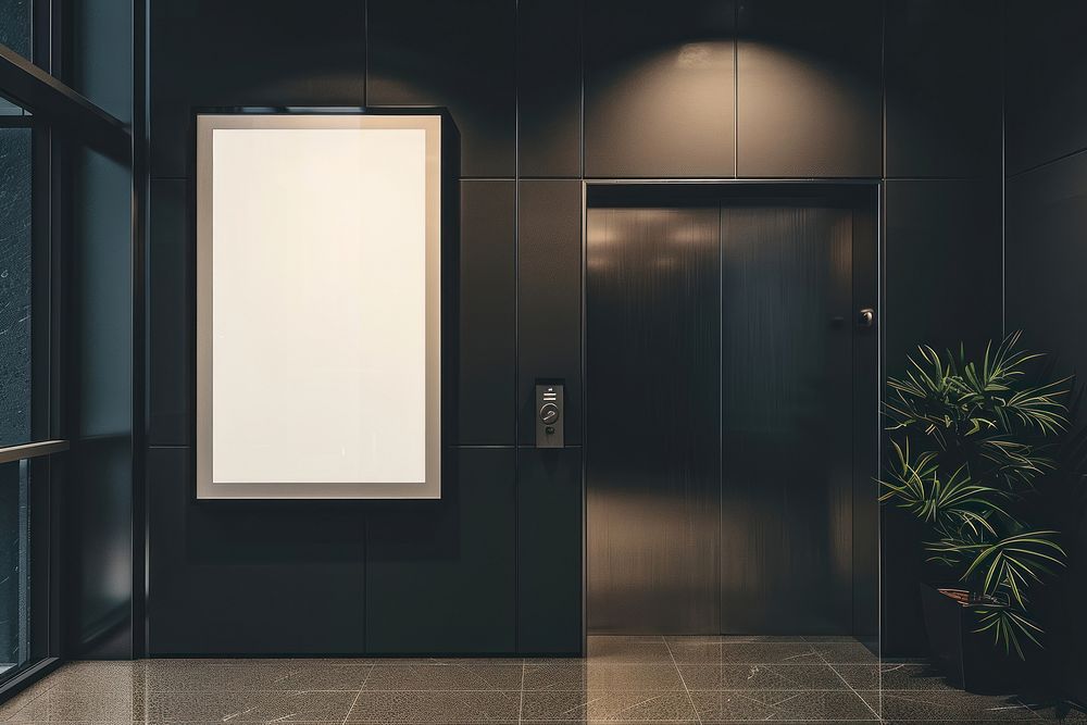 White poster mockup elevator indoors plant.