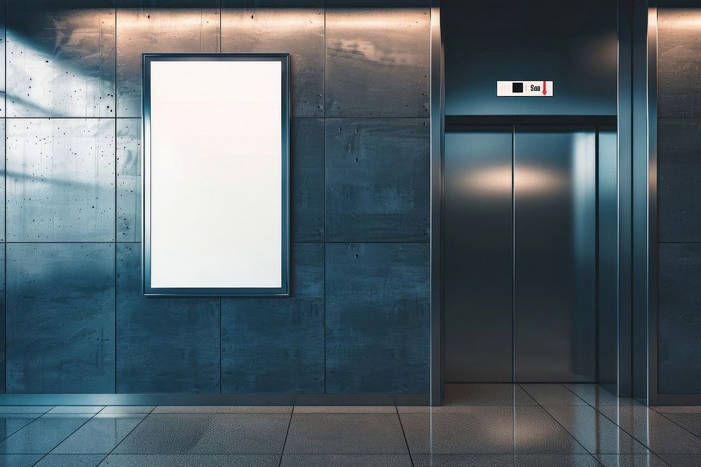 White poster mockup elevator indoors.
