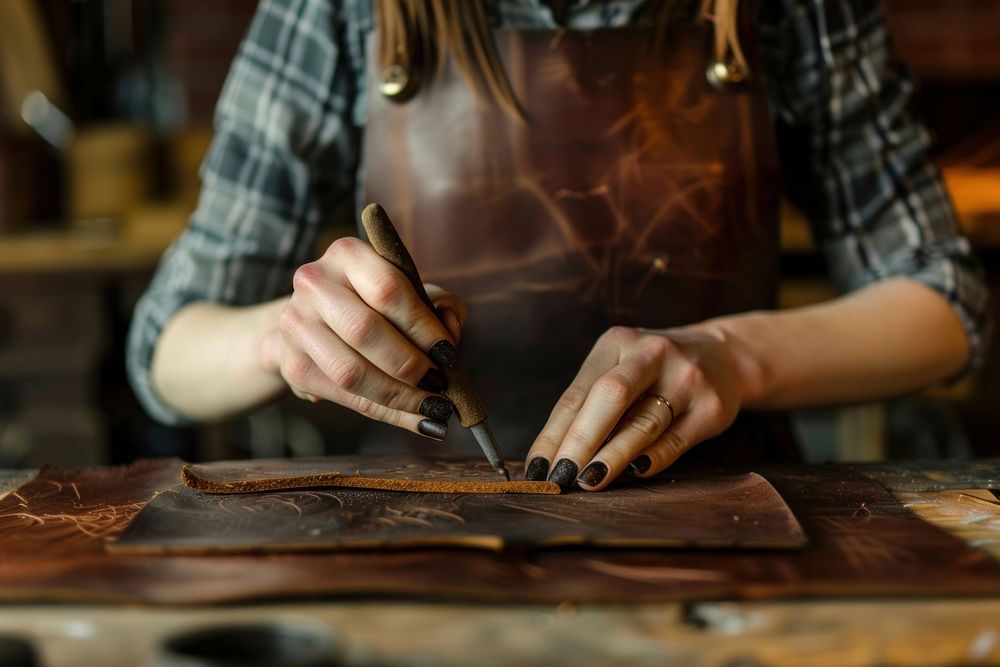 Woman doing leather work woodworking screwdriver person.