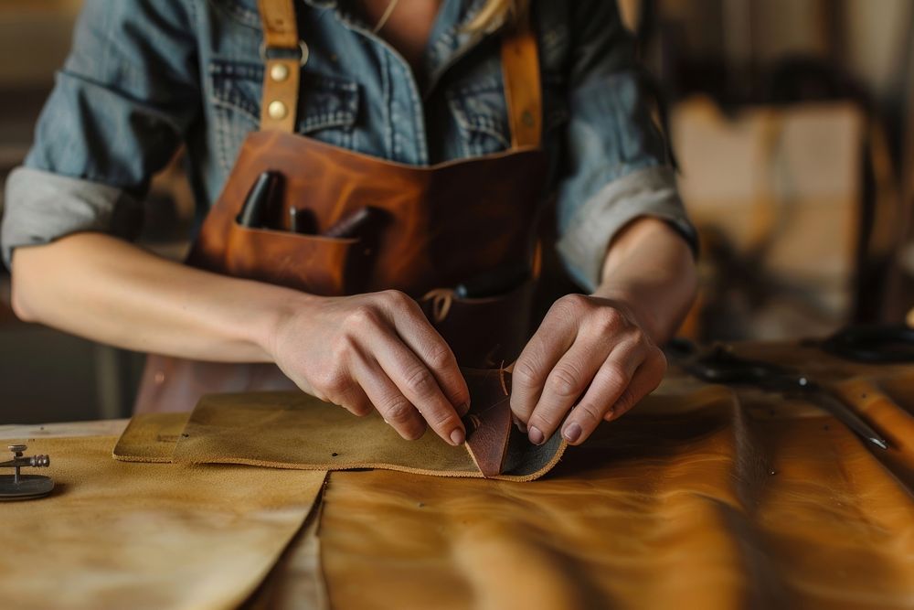 Woman doing leather work hand woodworking person.