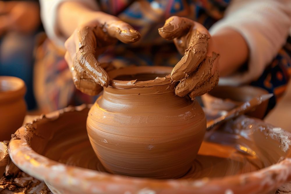 Woman making clay pottery art handicraft cookware.