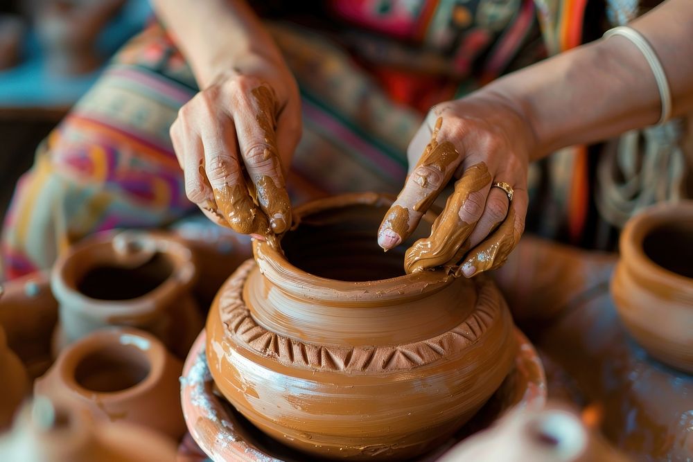 Woman making clay pottery hand art accessories.