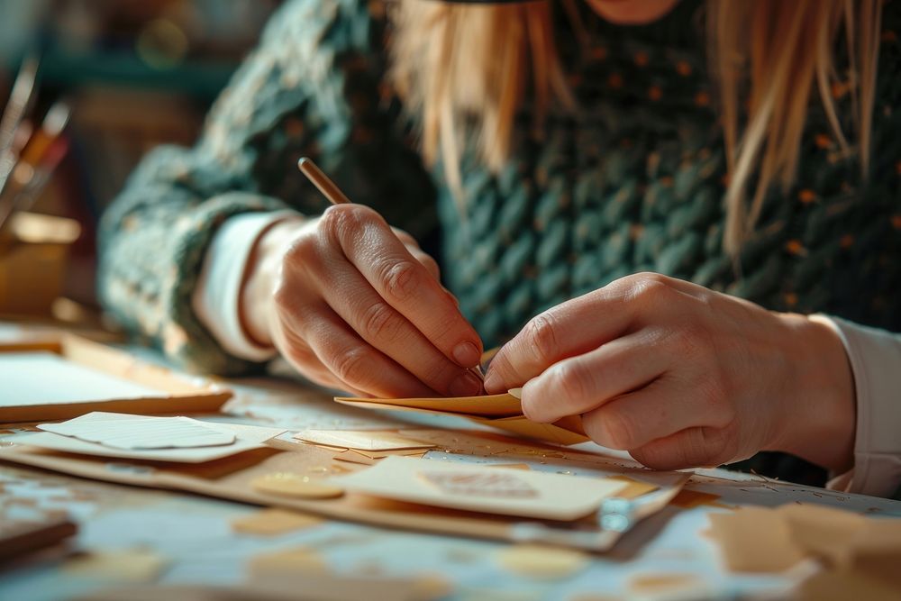 Woman making diy card writing person human.
