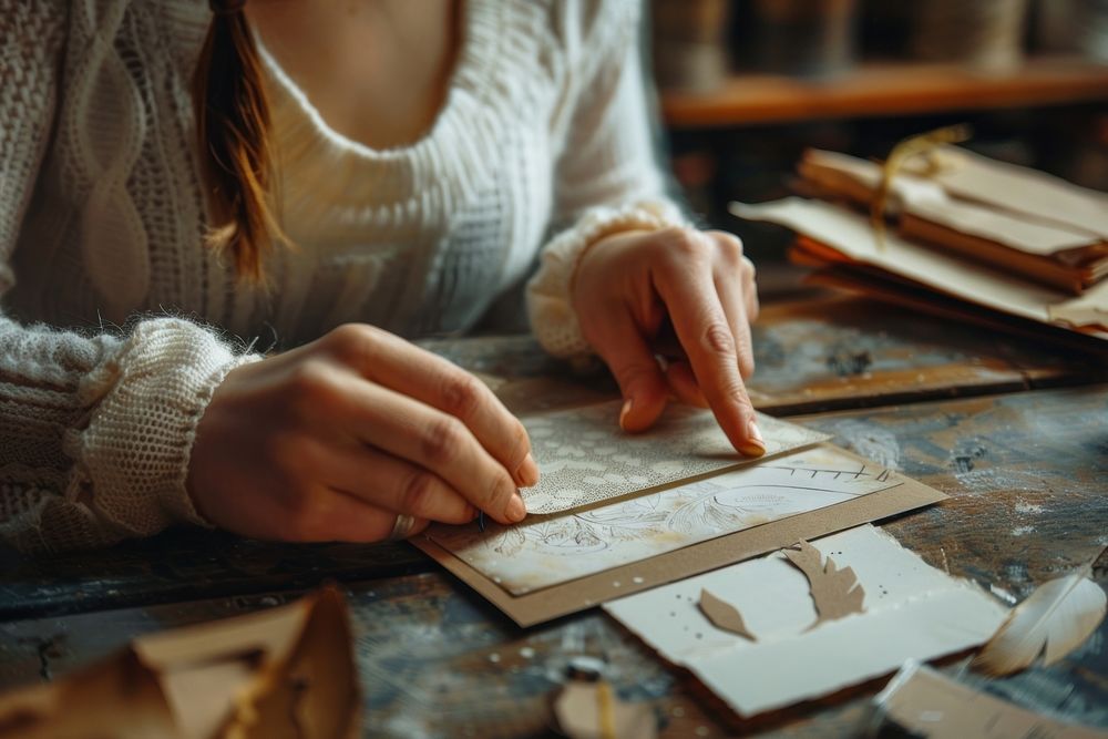 Woman making diy card woodworking writing person.