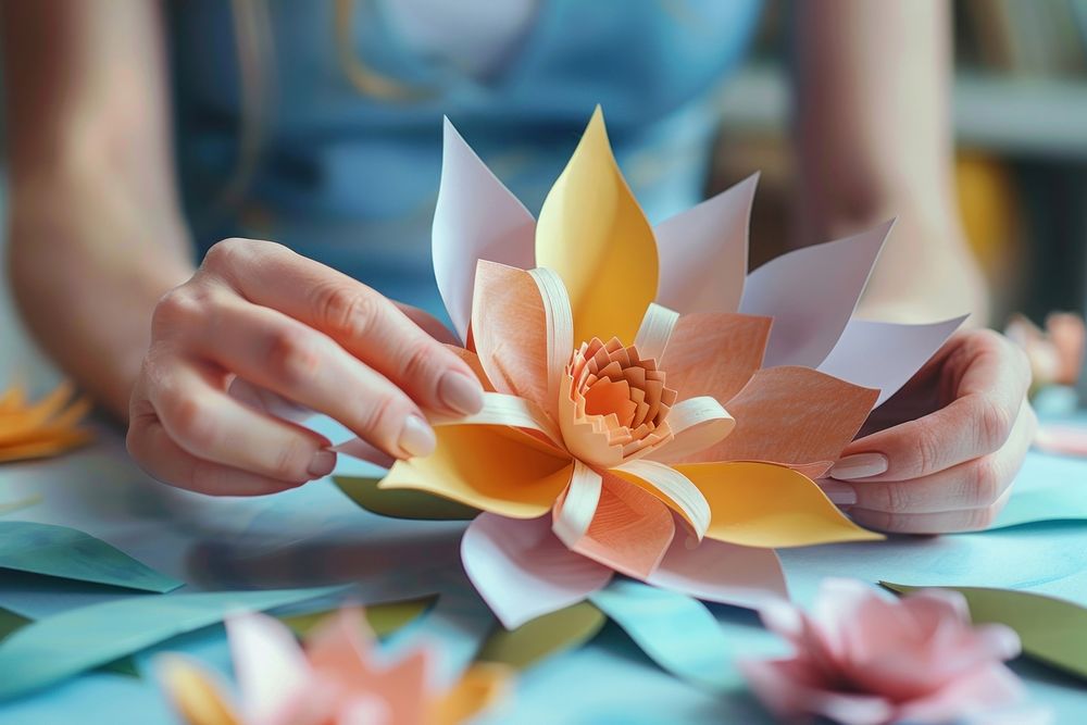 Woman making paper flower hand art blossom.