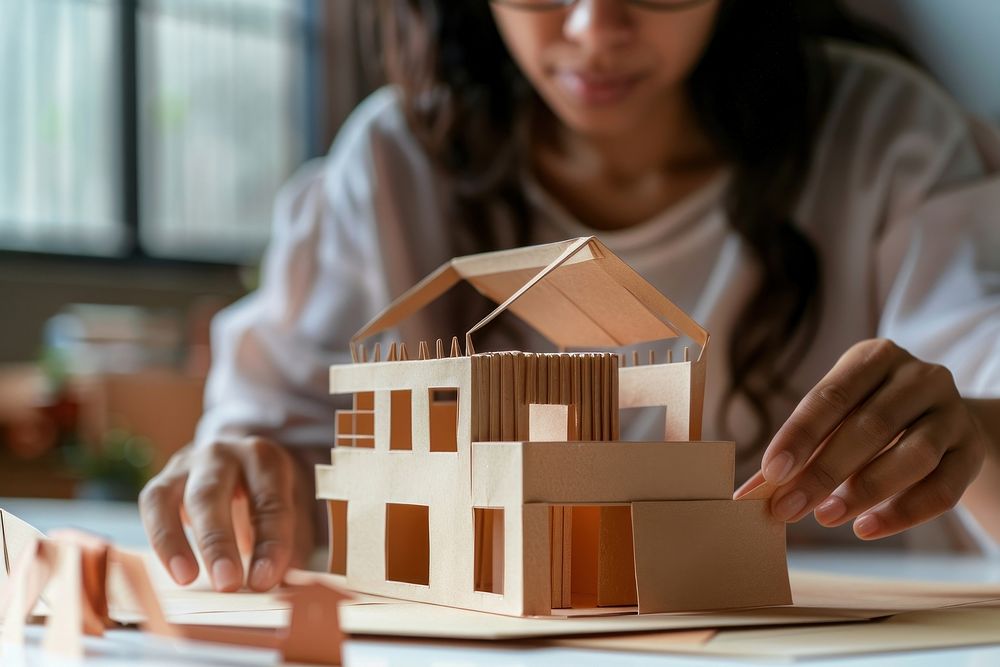 Woman making paper house model face person human.