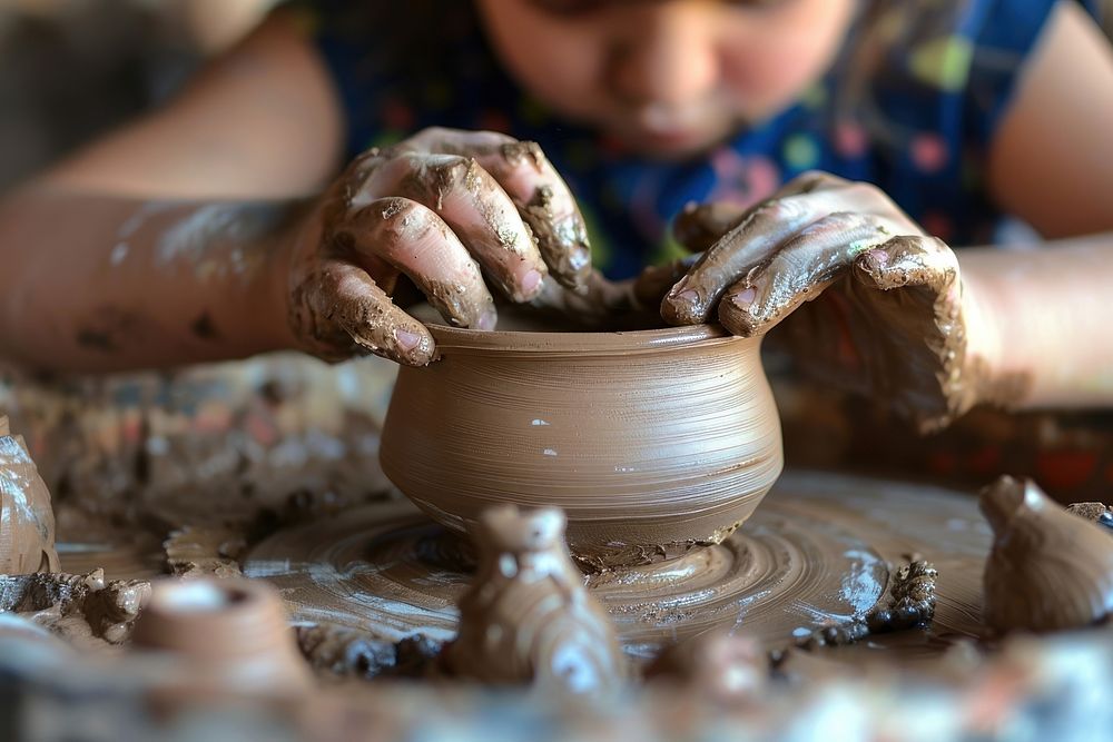 Kid making clay pottery hand art handicraft.