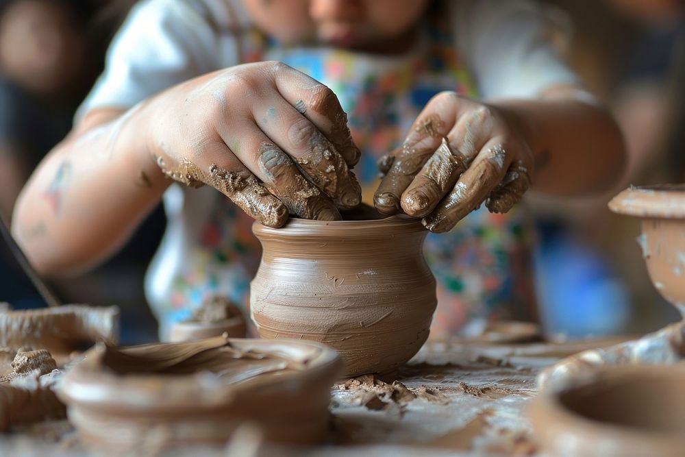 Kid making clay pottery hand art handicraft.