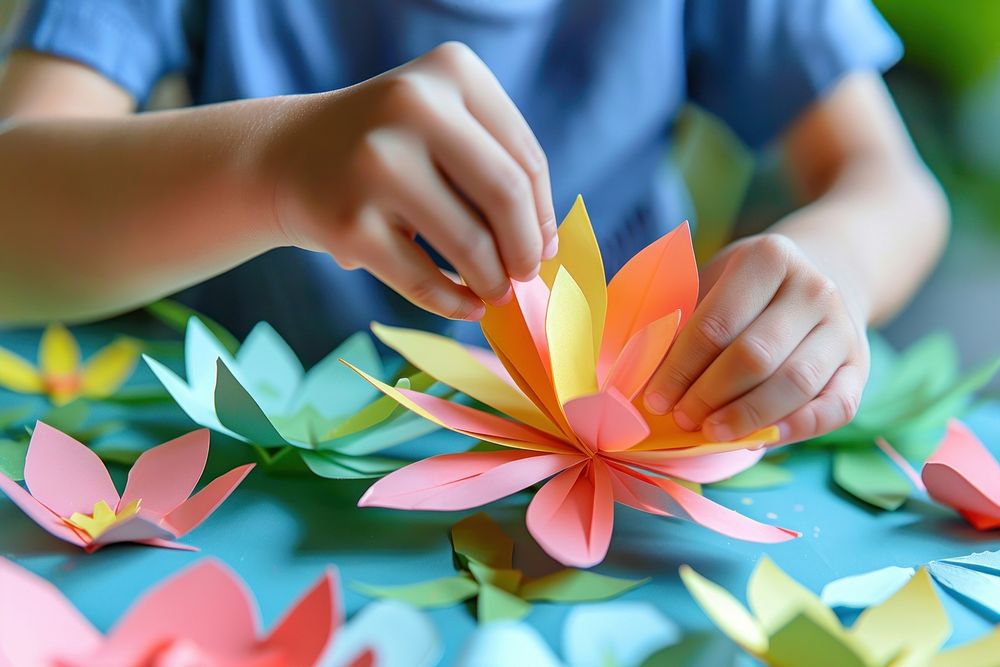 Kid making paper flower art origami person.