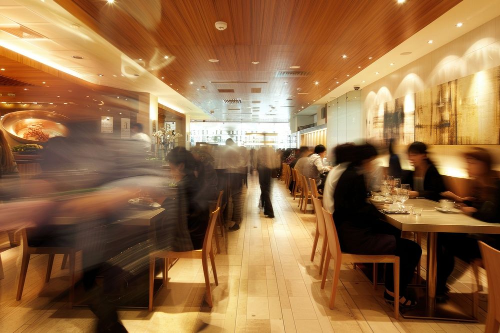 Blurred people walking in office architecture accessories restaurant.