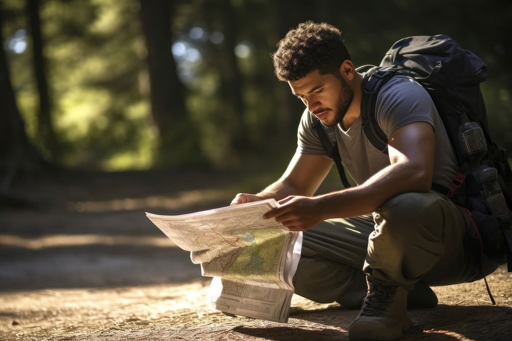 Mixed race man reading map photo backpacking photography.
