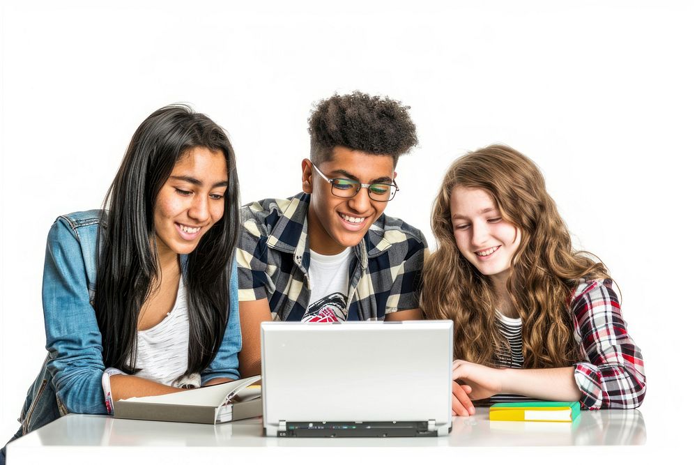 Teenage students studying computer looking.