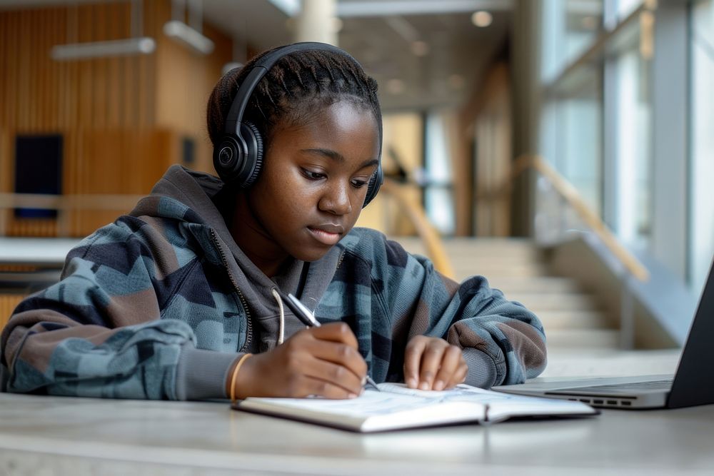 Girl on computer headphones writing headset.