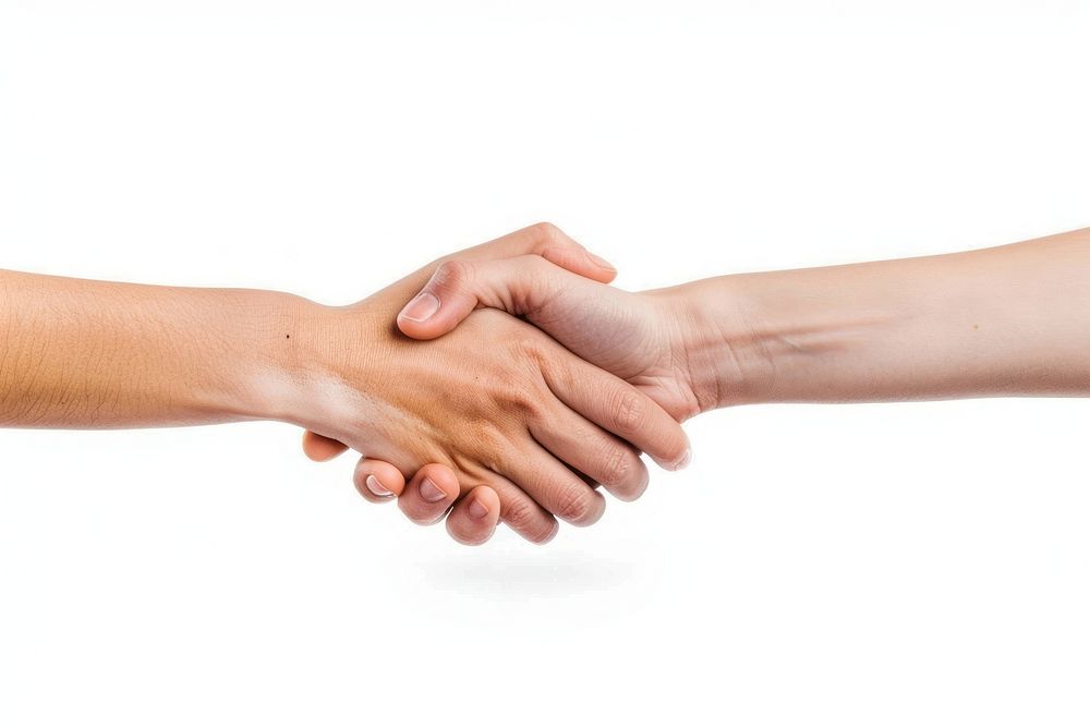 Hands holding wrists together togetherness handshake white background.