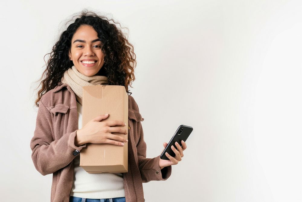 Latinx woman holding stack box adult happy white background.