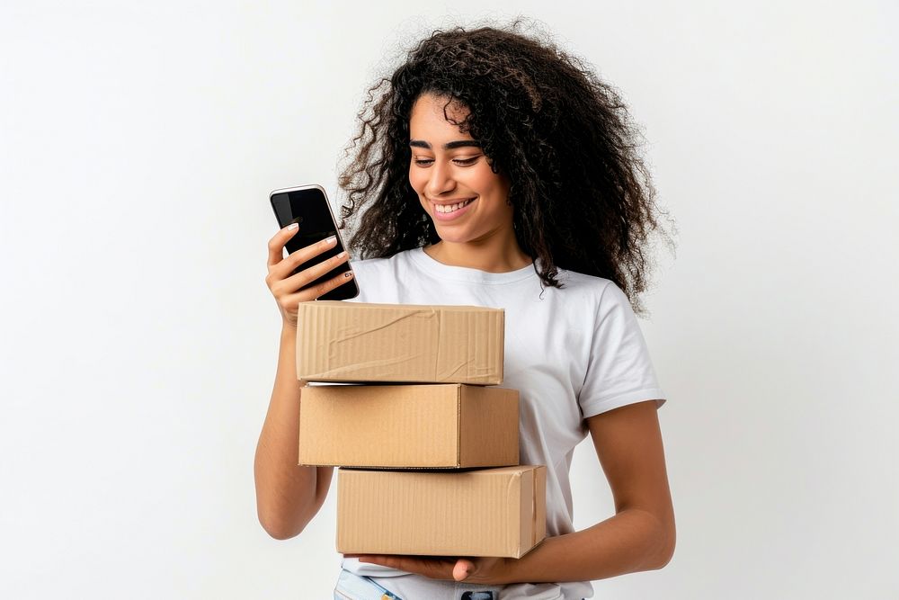 Latinx woman holding stack box cardboard white background mobile phone.