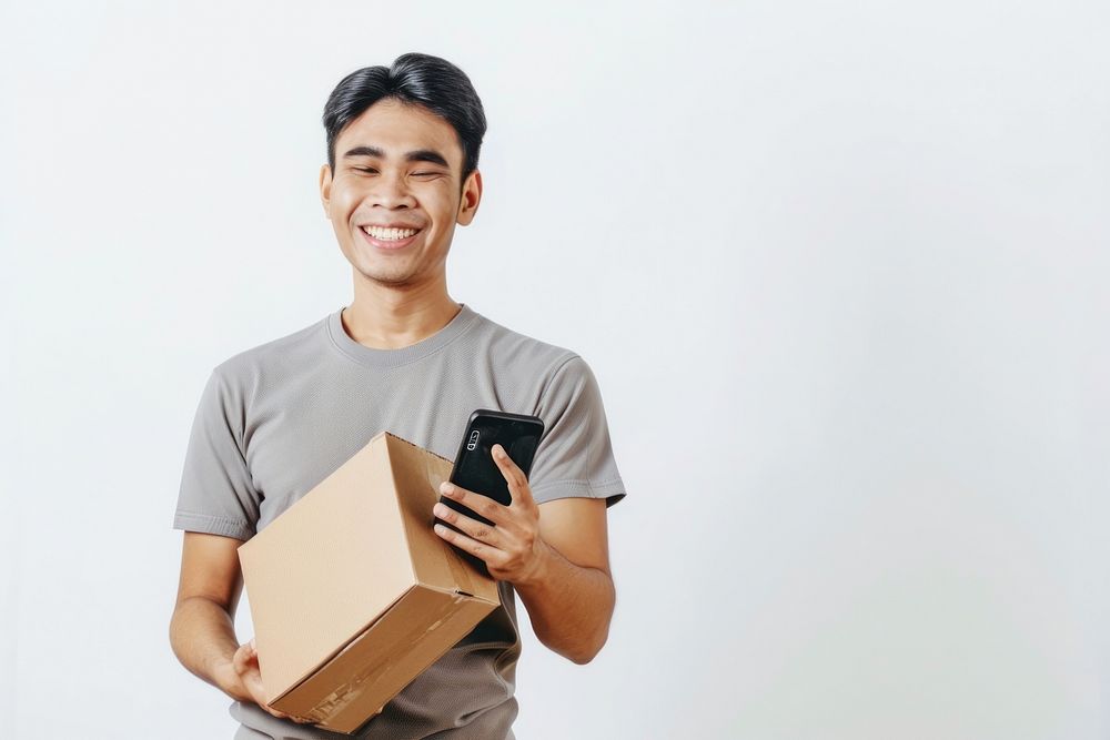 Happy man holding stack box cardboard smile adult.