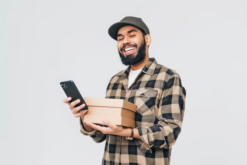 Happy man holding stack box cardboard adult white background.