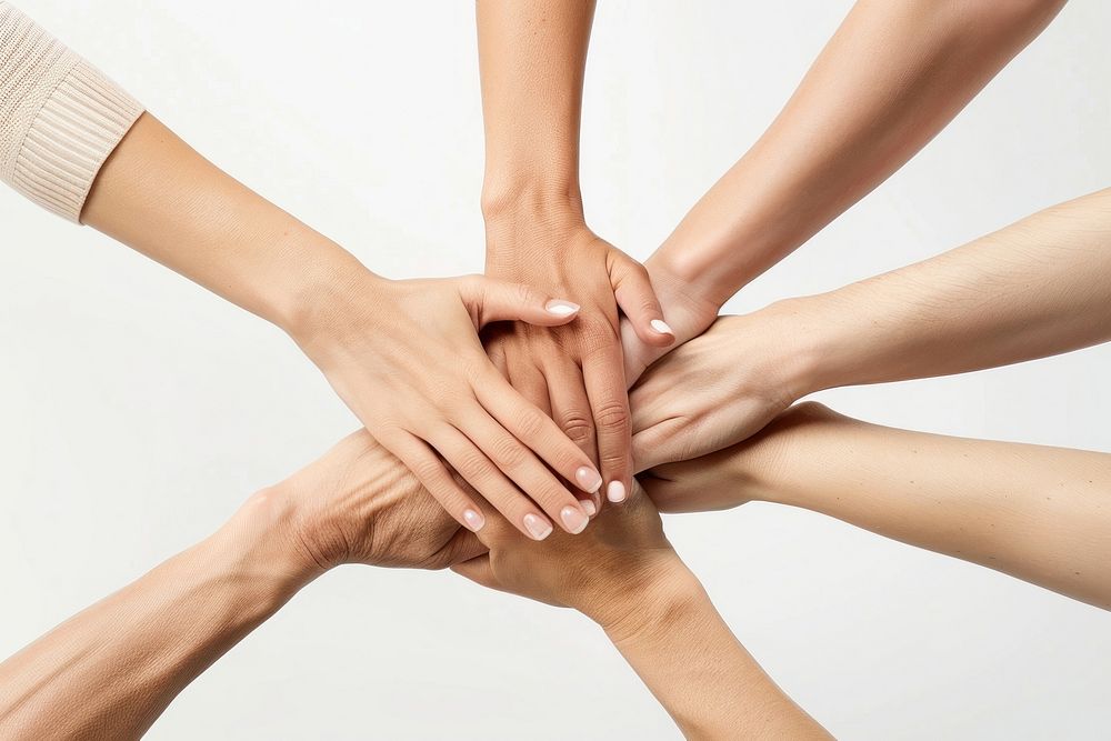 Six hands holding together togetherness bandage massage.