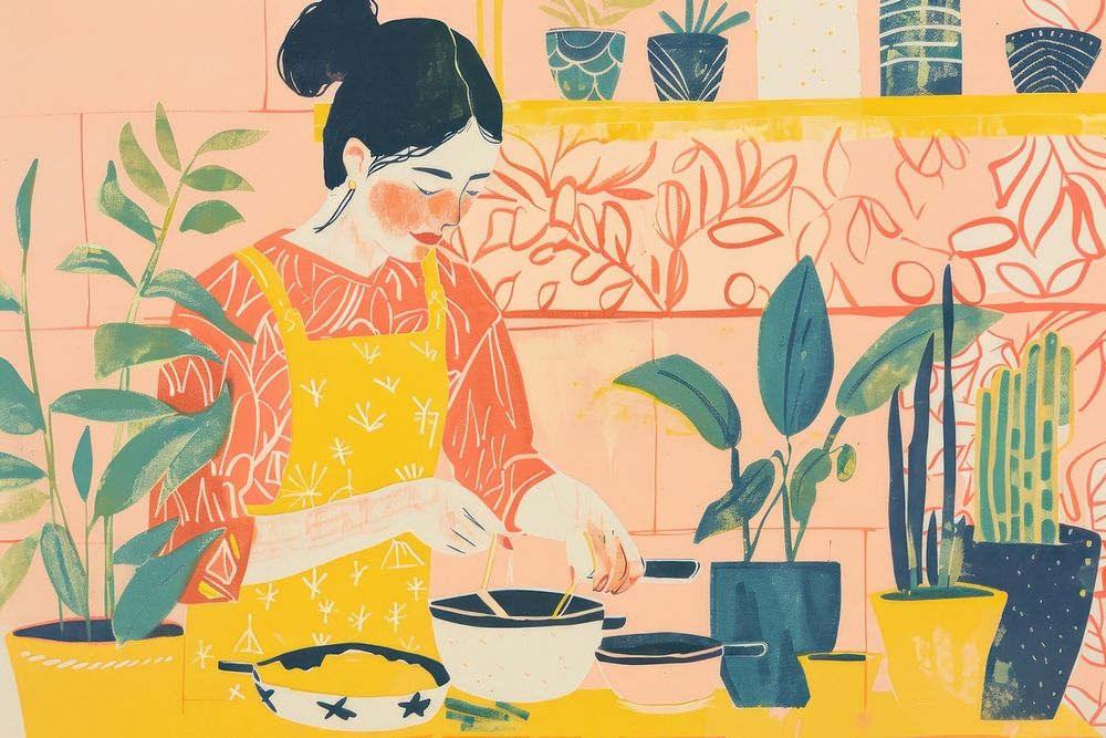 Woman cooking drawing illustrated painting.