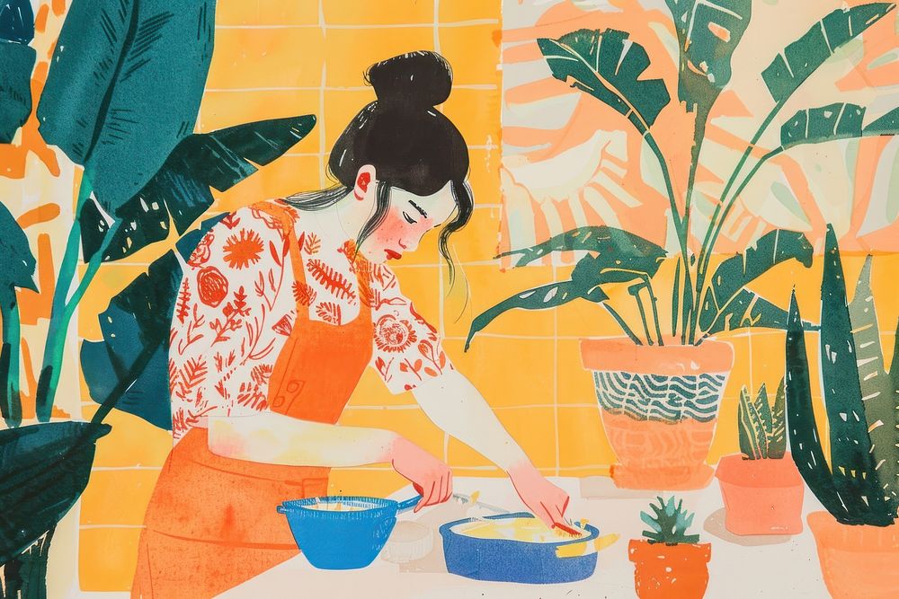 Woman cooking painting cookware female.