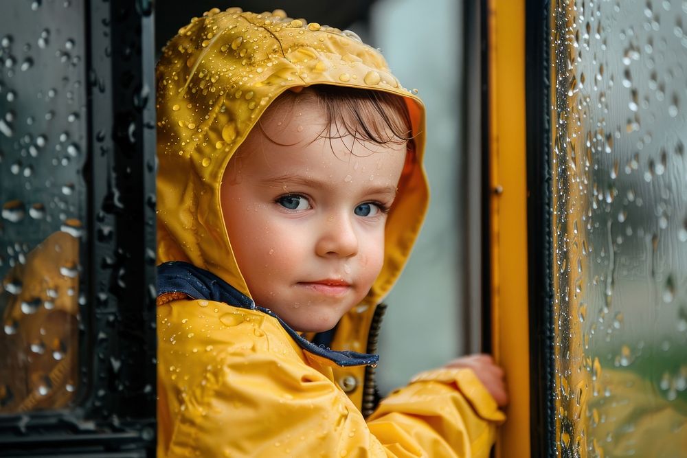 Kid get out from school bus clothing raincoat apparel.