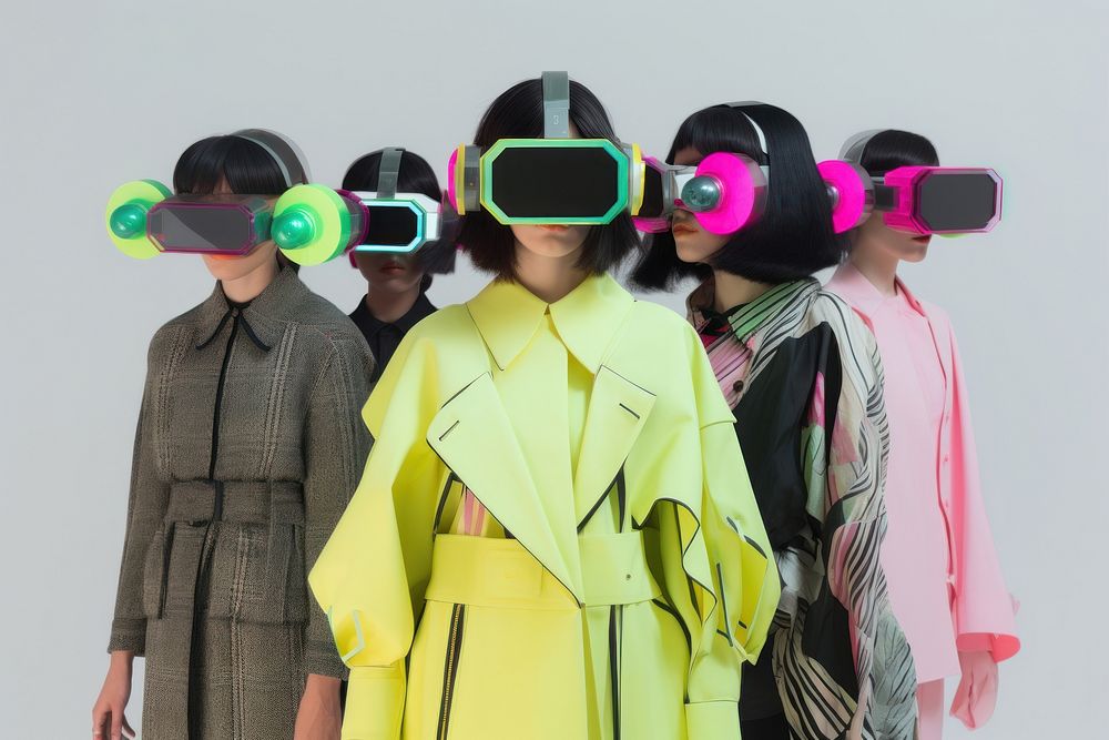 Group shot of diversity cybernatic wearing futuristic virtual reality glasses accessories accessory clothing.
