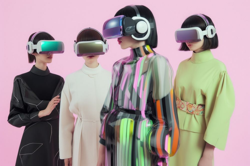Group shot of diversity cybernatic wearing futuristic virtual reality glasses female person adult.