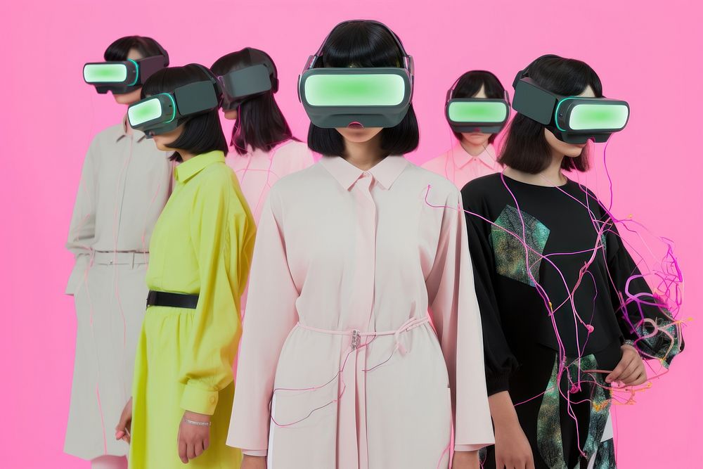 Group shot of diversity cybernatic wearing futuristic virtual reality glasses fashion clothing apparel.