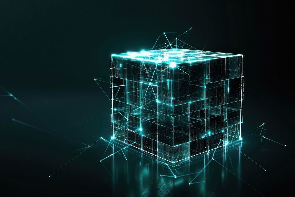 Glowing wireframe of cube architecture building diagram.