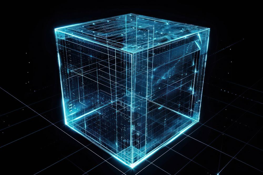 Glowing wireframe of cube diagram electrical device solar panels.
