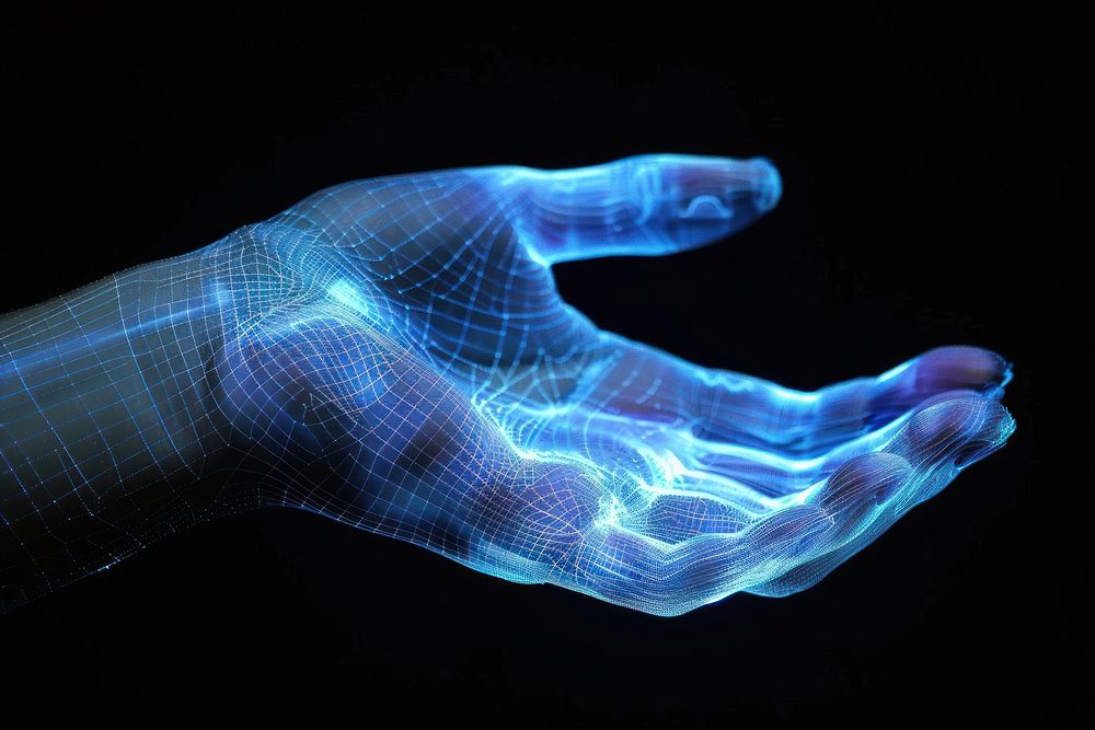 Glowing wireframe of hand finger person human.