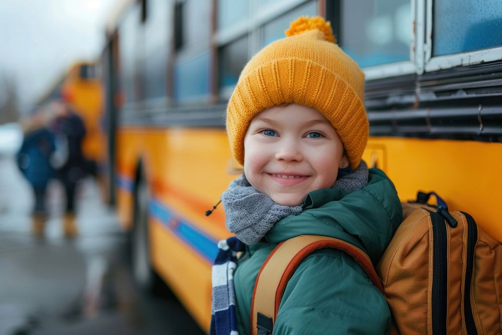Elementary pupil kid photo smile bus.