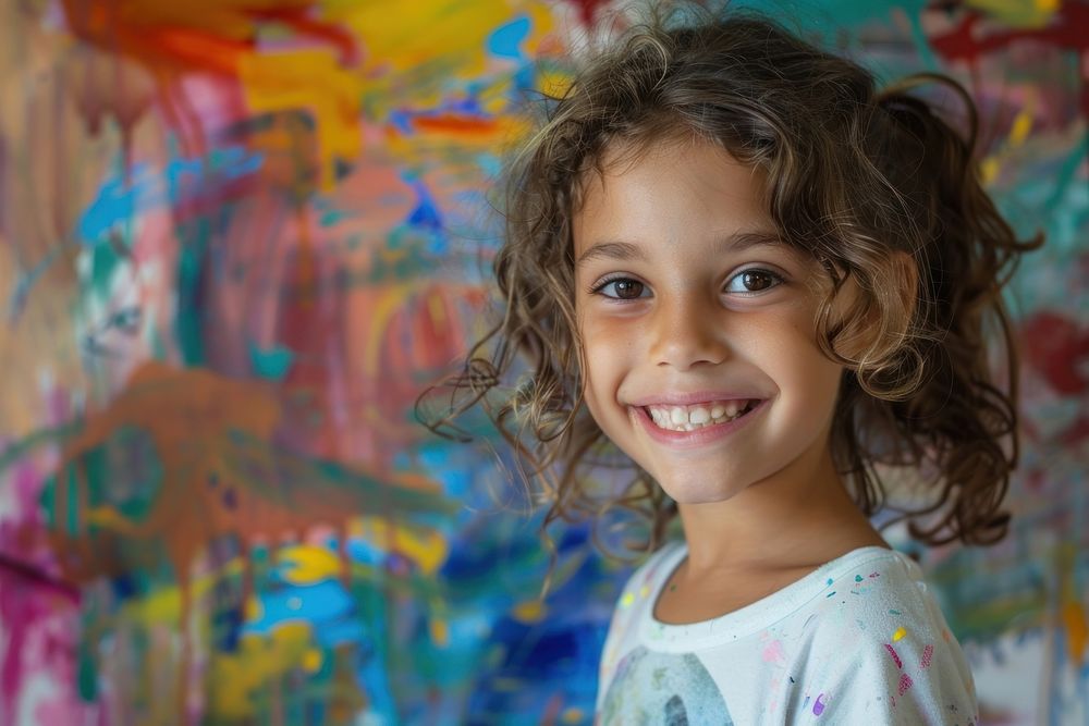 Elementary pupil girl painting photo happy.