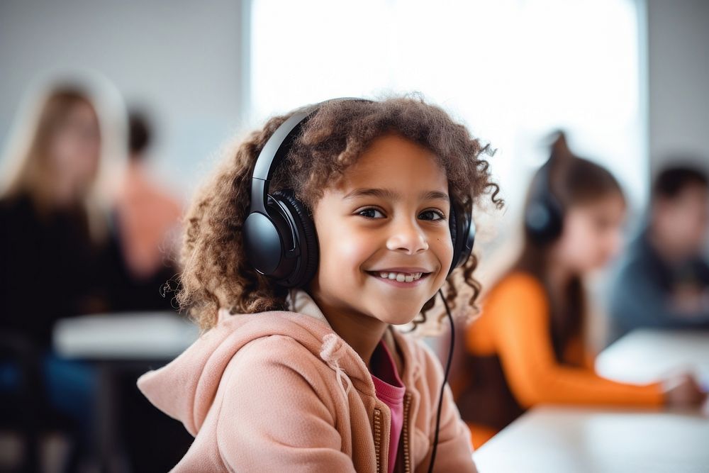 Elementary pupil happy electronics headphones.