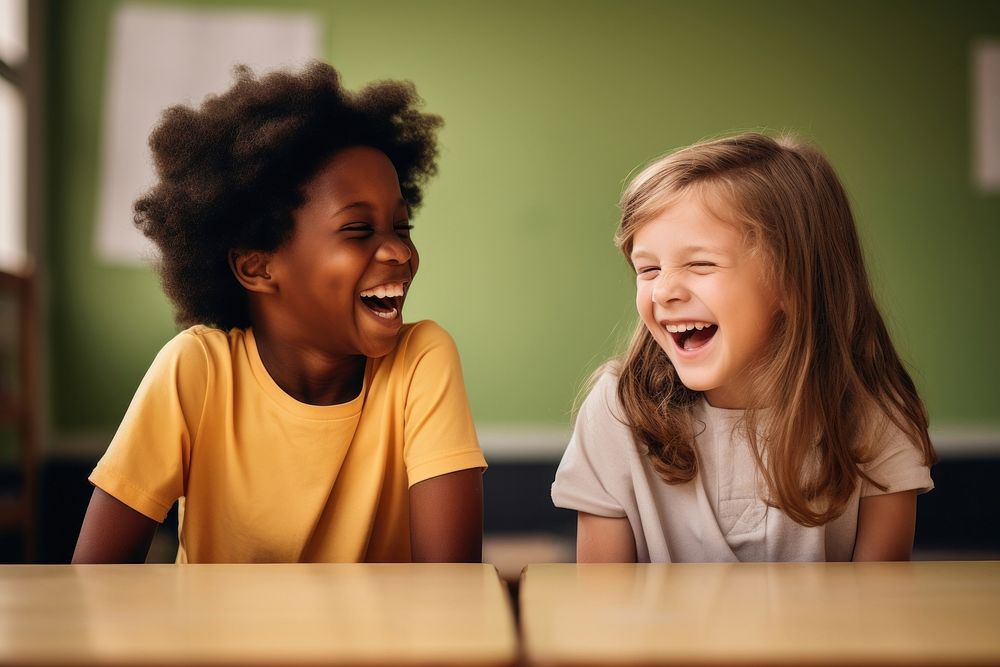 Elementary pupils laughing happy person.