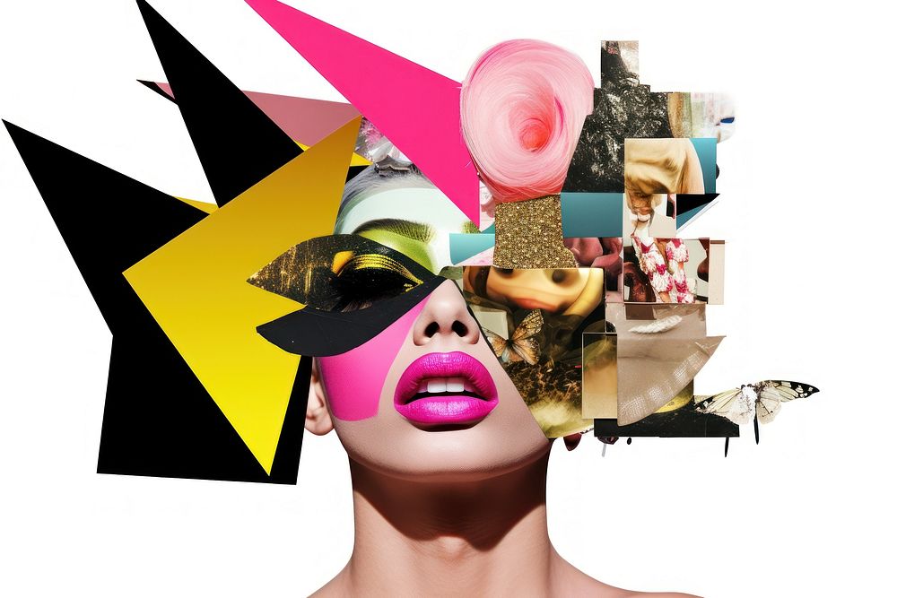 Symbolic mixed collage graphic element representing of drag queen Performances advertisement cosmetics clothing.