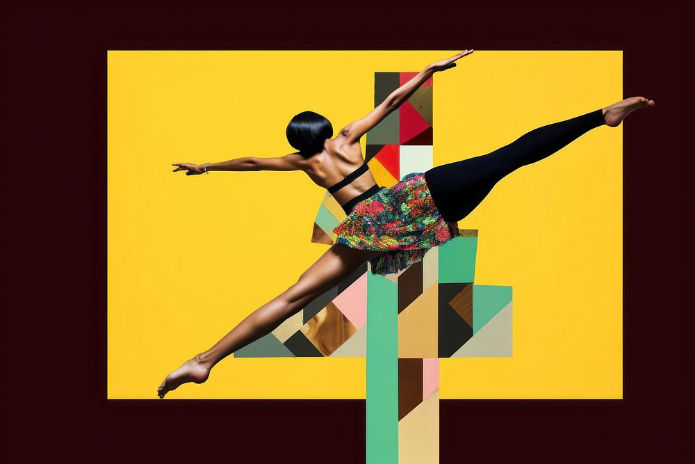 Symbolic mixed collage graphic element representing of drag do High Kick pose recreation acrobatic clothing.