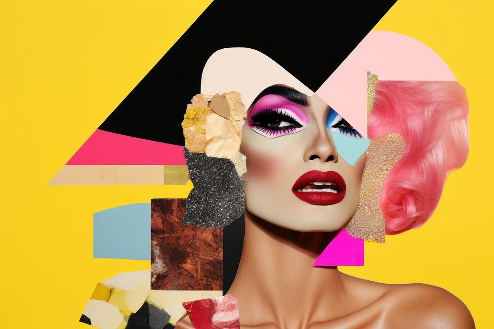 Symbolic mixed collage graphic element representing of drag queen Performances advertisement cosmetics lipstick.