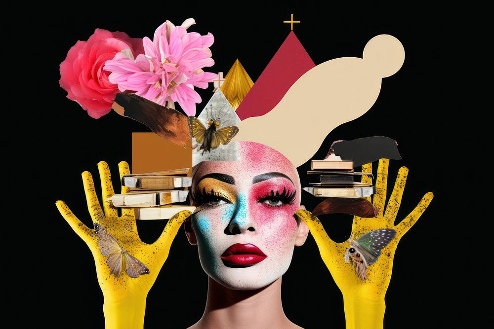 Symbolic mixed collage graphic element representing of drag queen Performances photography performer portrait.