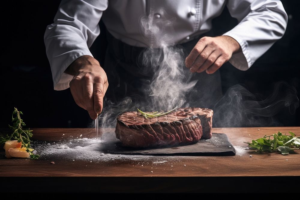 Chef makes steak sprinkling cooking person.