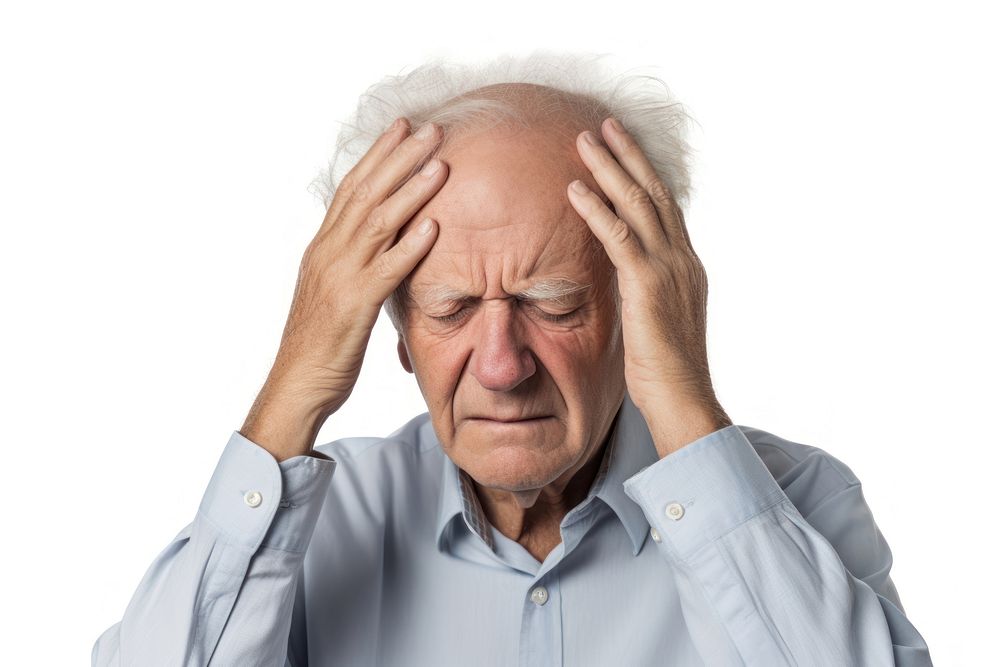 Elderly men has a headache clothing apparel person.