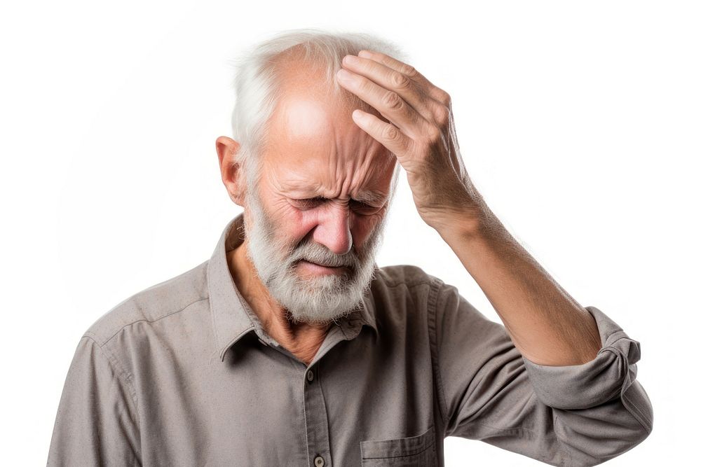 Elderly men has a headache worried person human.