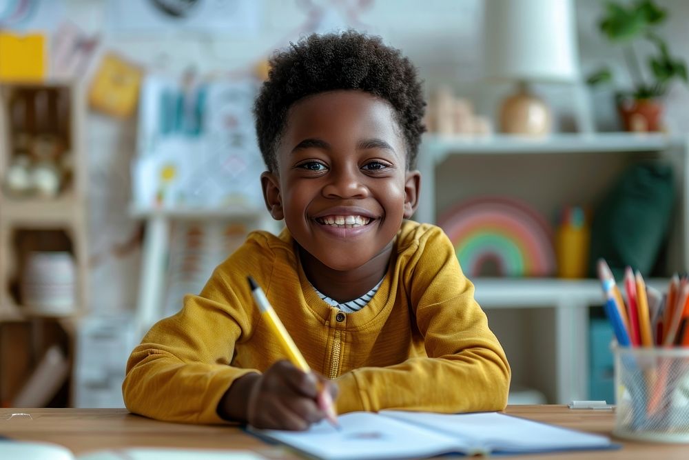 Cute little african american boy student happy person.