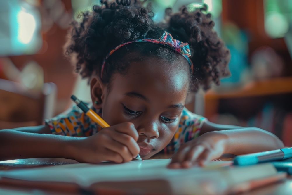 Cute little african american girl writing female person.