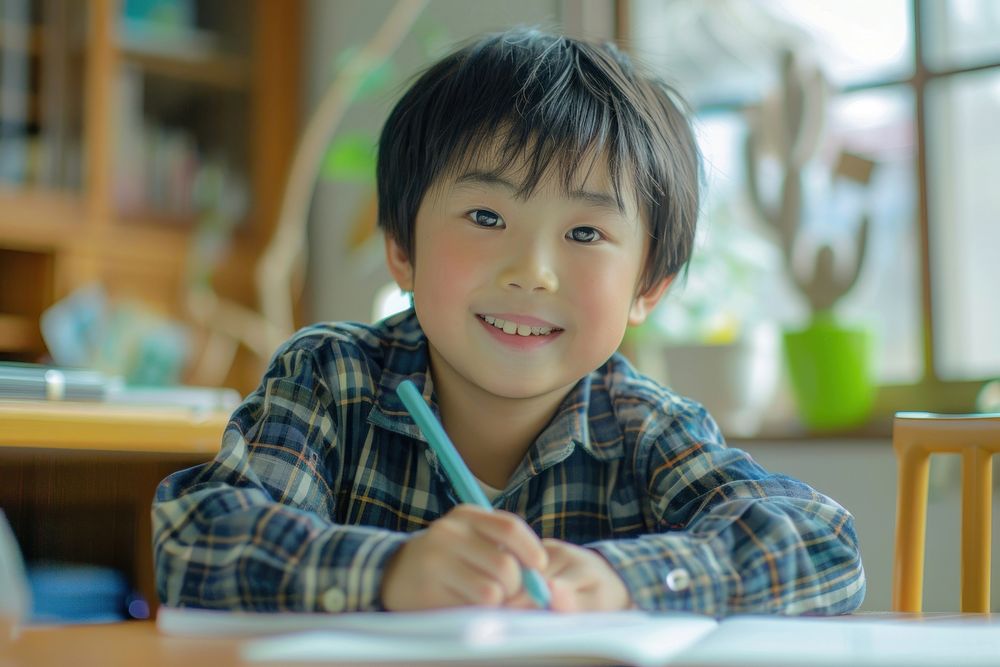 Cute little japanese boy student photo happy.