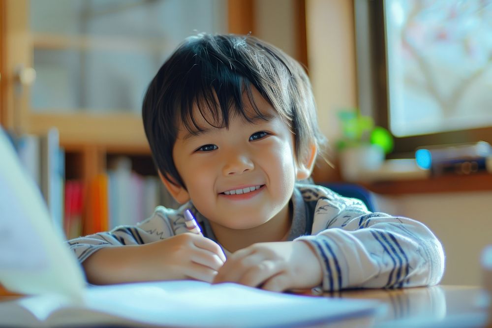 Cute little japanese boy student happy photo.