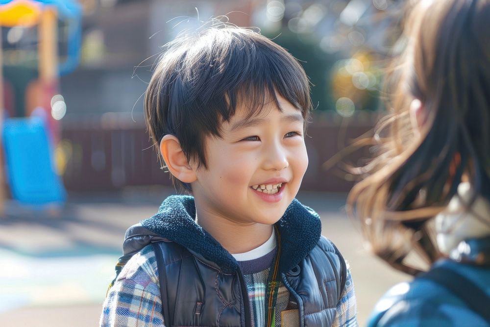 Cute little japanese boy happy outdoors person.