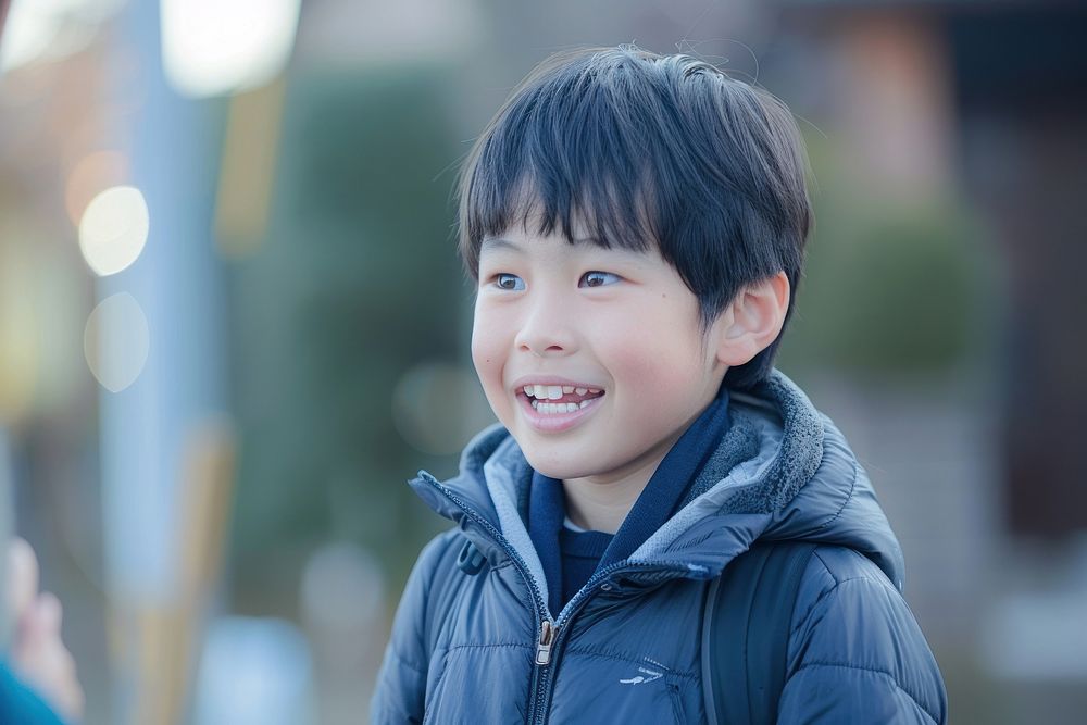 Cute little japanese boy happy clothing shoulder.