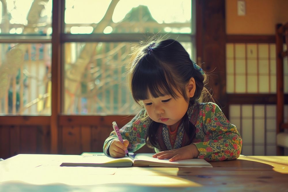 Cute little japanese girl student furniture writing.